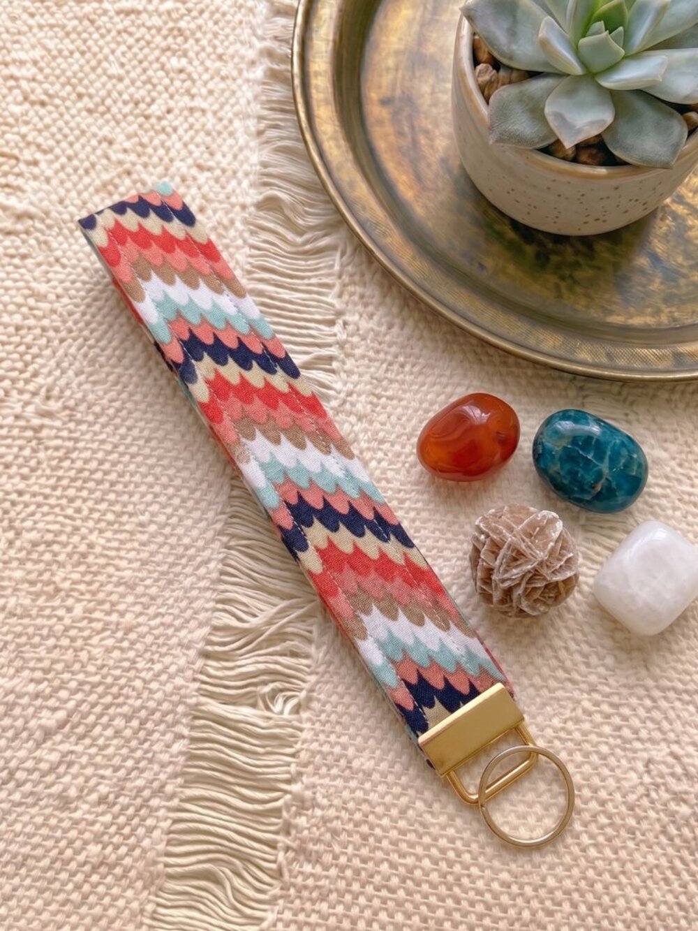 New Handmade Retro Chevron Wave Scallop Print Fabric Key Fob Wristlet Keychain